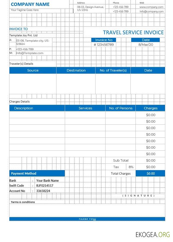 Modèle de facture de service de voyage modifiable